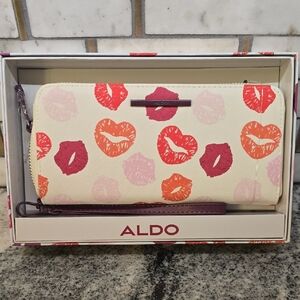 Aldo Cream Wallet with Pink, Red, Orange Lip Print